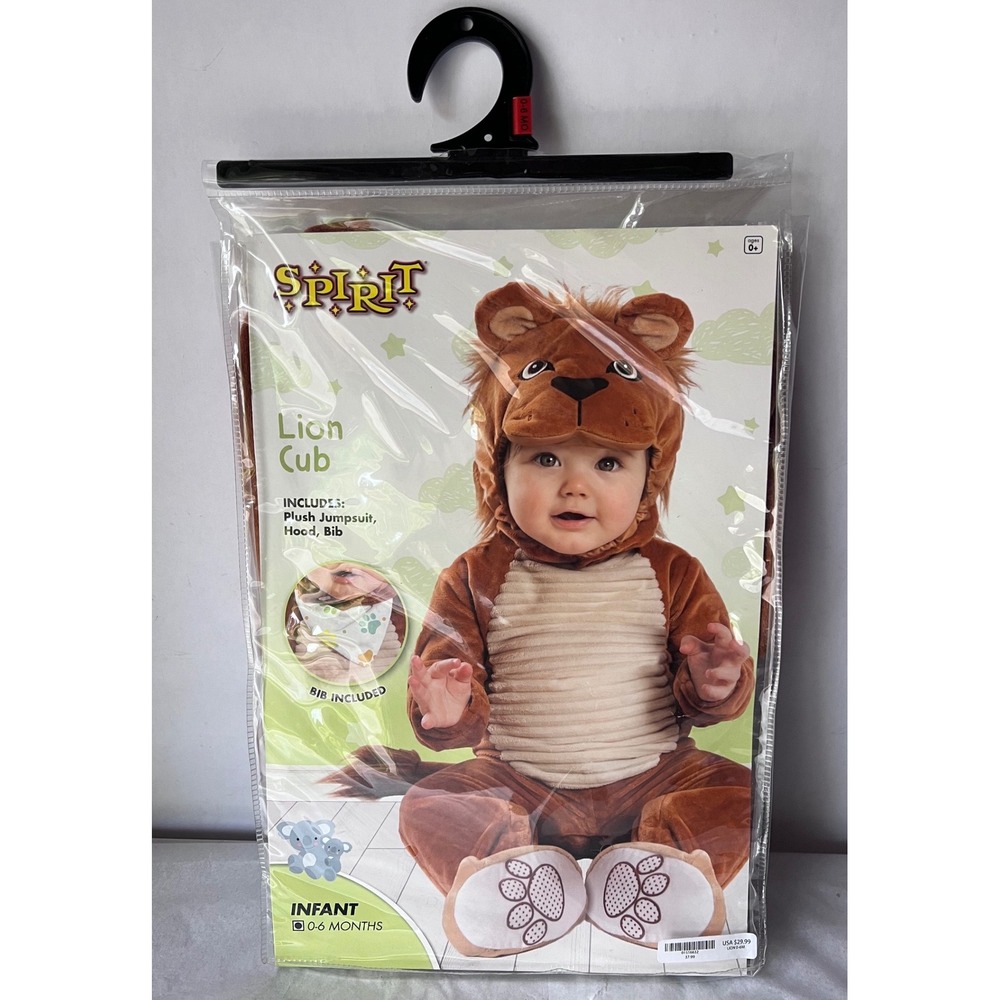 Spirit Halloween Lion Cub Infant Costume 0-6 Months Plush Jumpsuit Hood Bib NEW